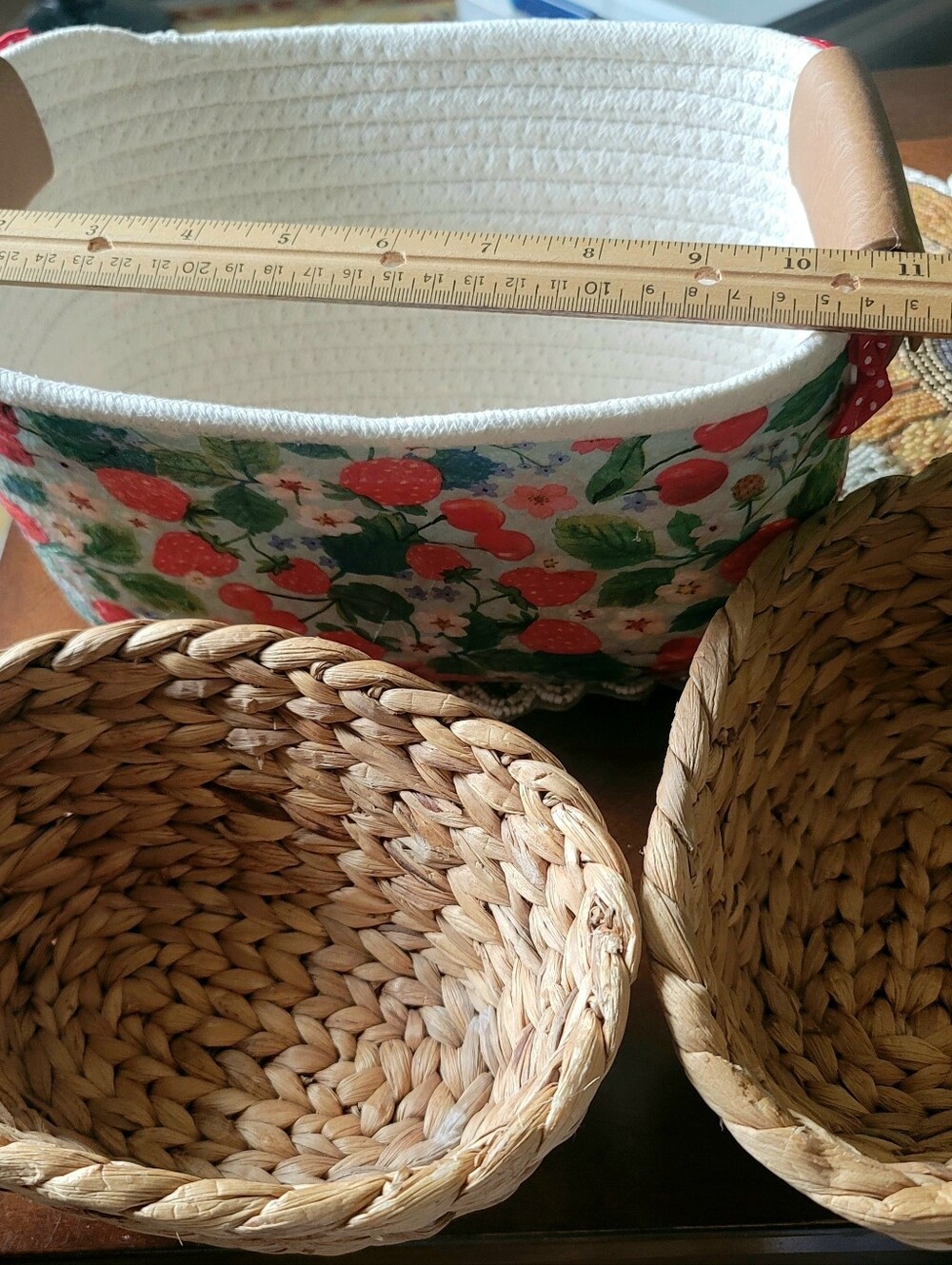 Set Of 3 Baskets. 2 Straw Woven & 1 Rope Basket Covered With Strawberries.